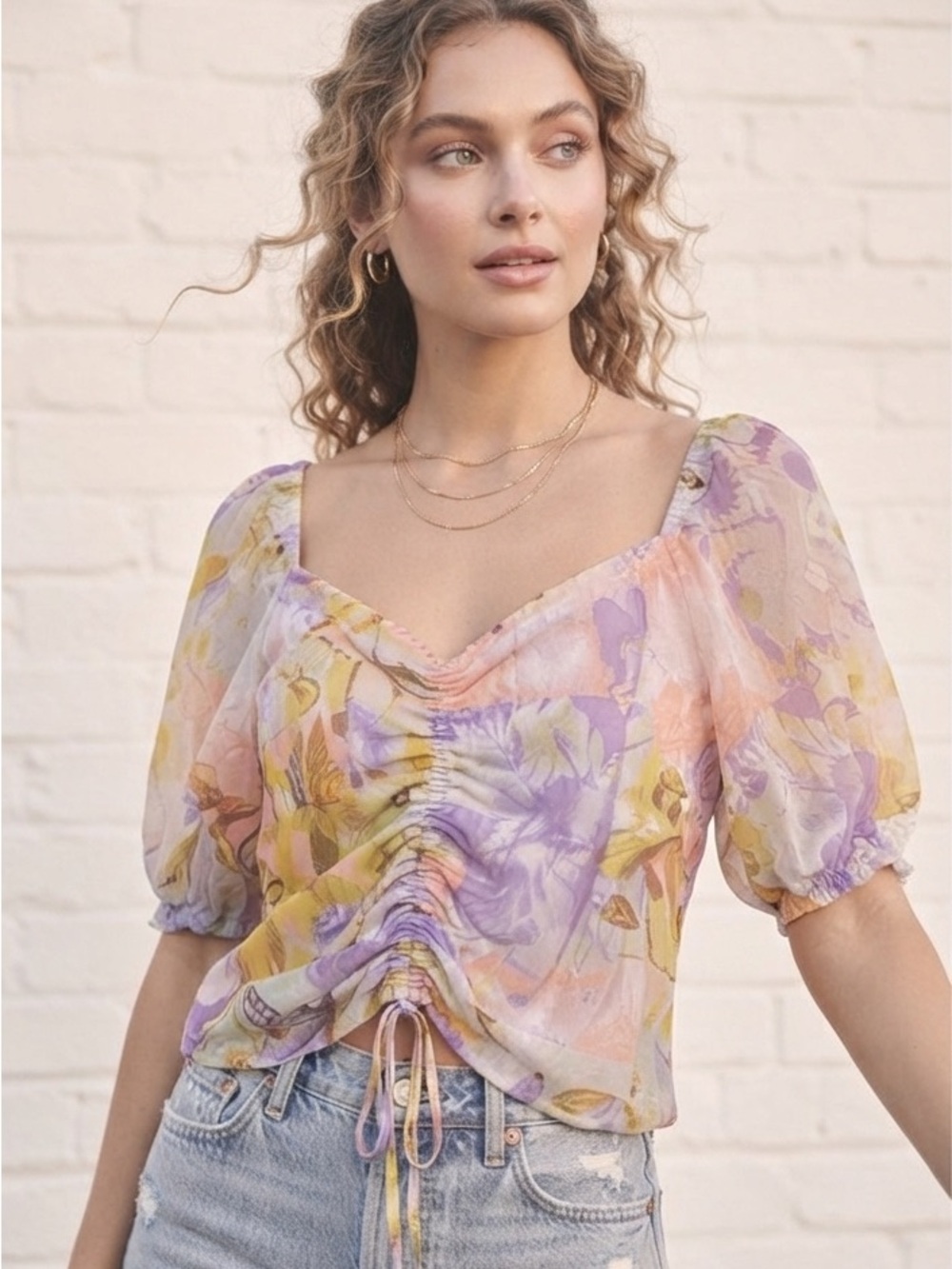 INC Pastel Floral Ethereal Fairycore Coquette Ruched Blouse Puff Sleeves Top